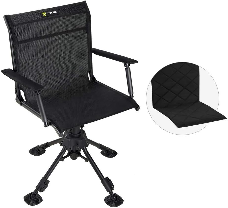 TIDEWE Hunting Chair with Seat Cover, 360 Degree Silent Swivel Blind Folding Chair, 4 Legs Adjustable Height Hunting Seats with Armrest, Portable Comfortable Stable Ground Hunting Chair